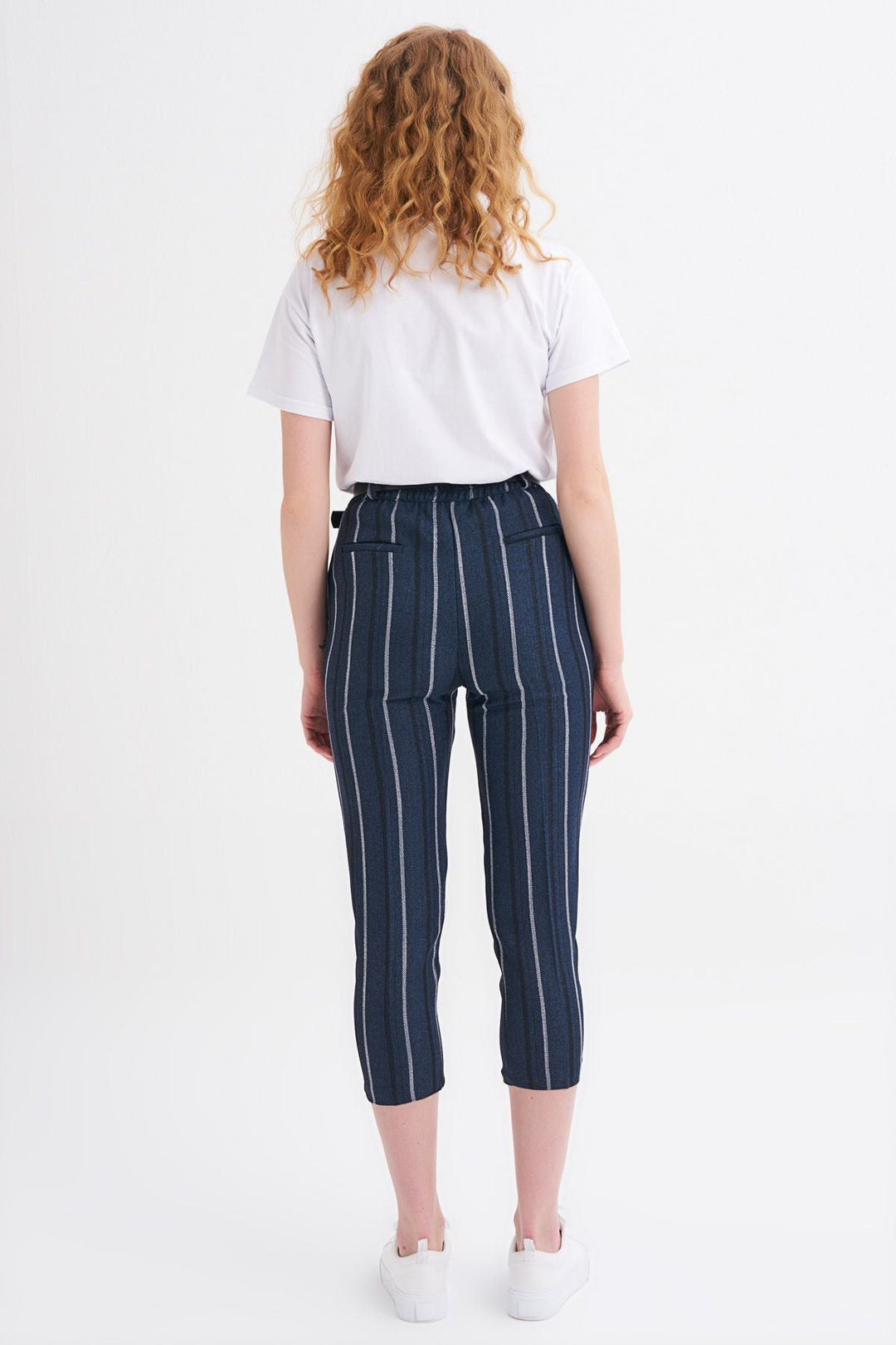 Belted Striped Trousers Navy