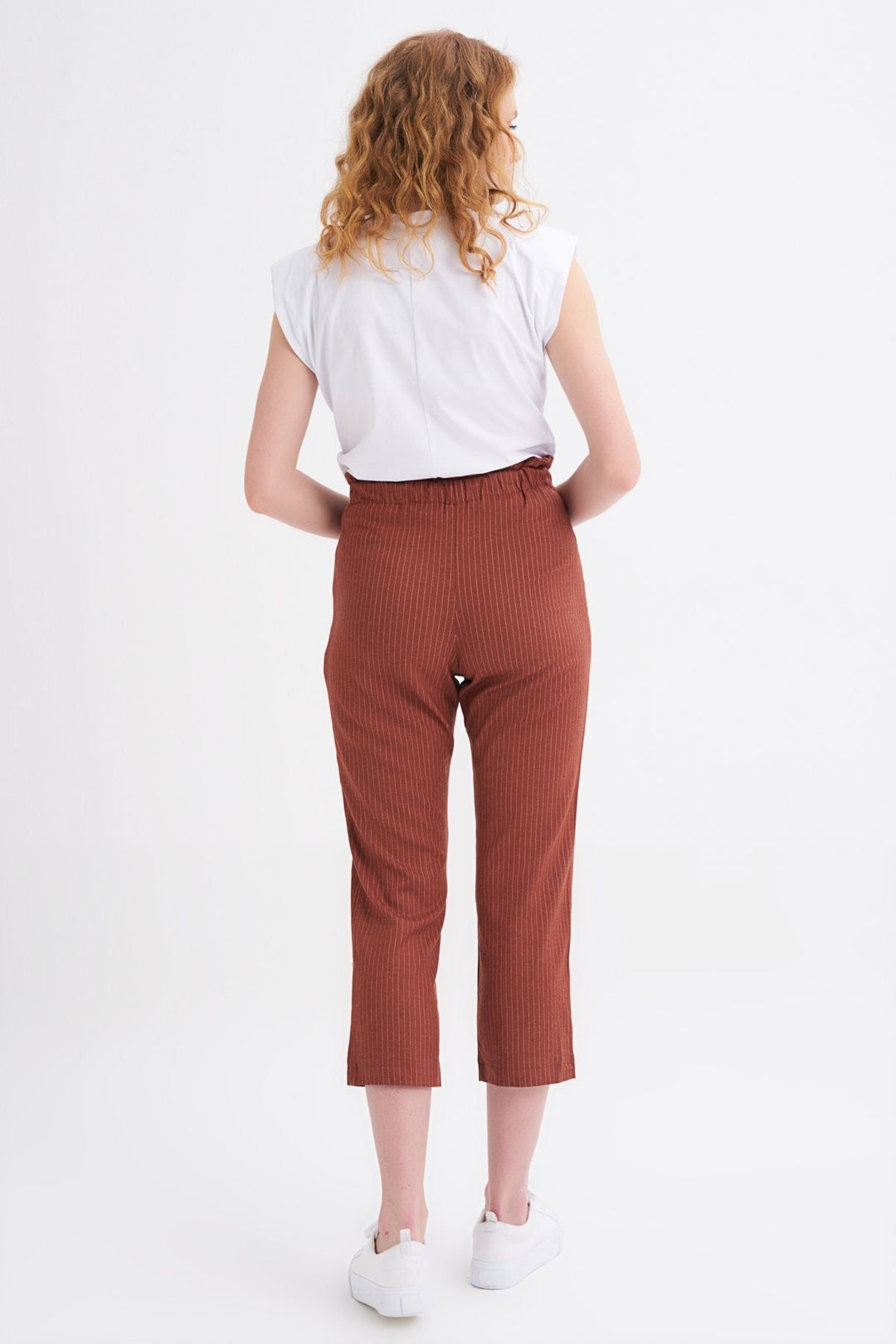 Beli Bağcıklı Çizgili Pantolon Kiremit