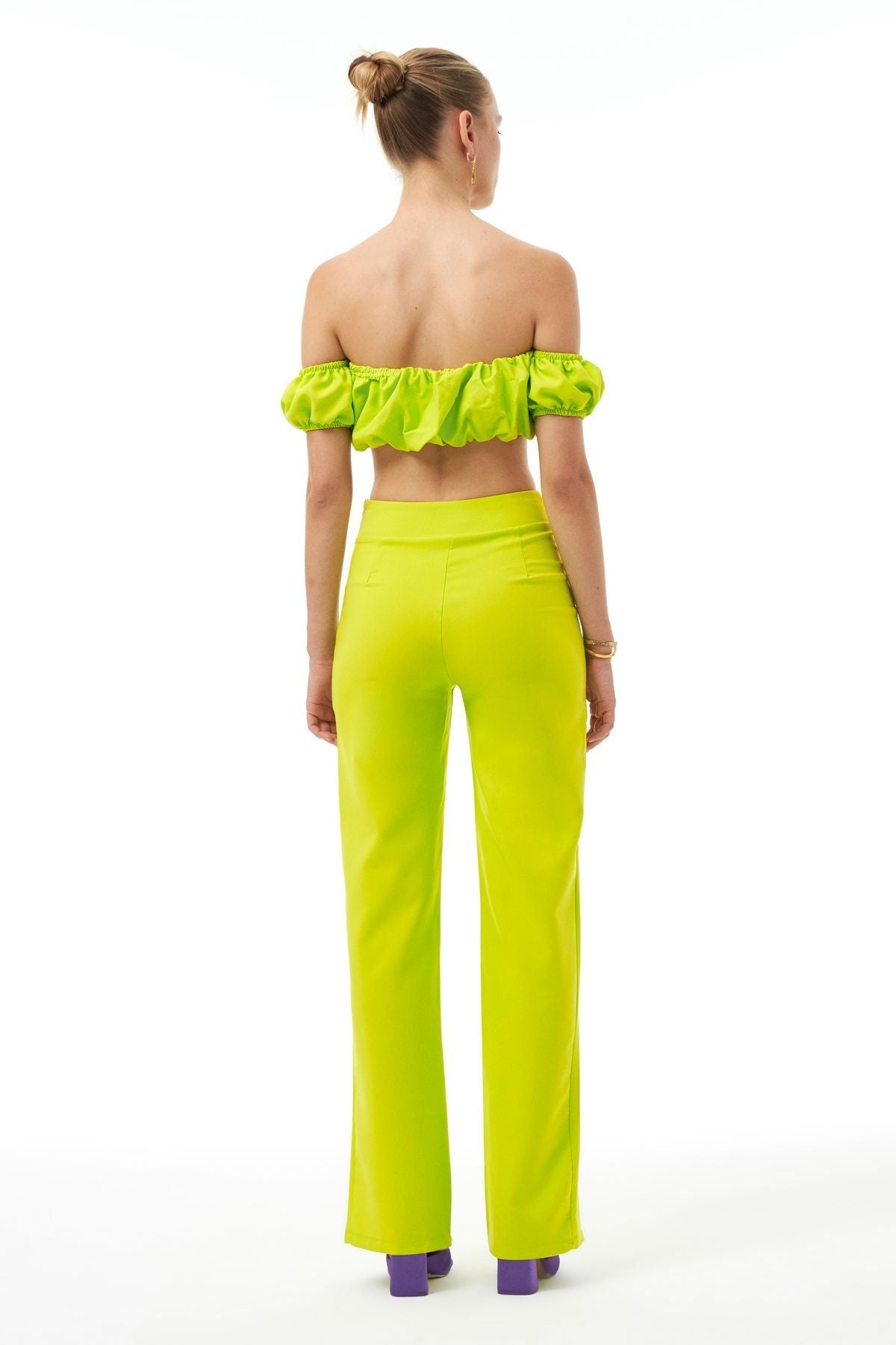 Yüksek Bel Paçası Yırtmaçlı Pantolon Neon Yeşil