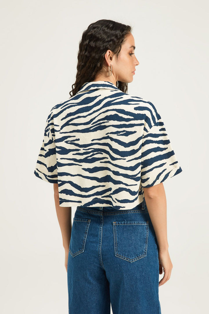 Zebra Desen Crop Gömlek İndigo