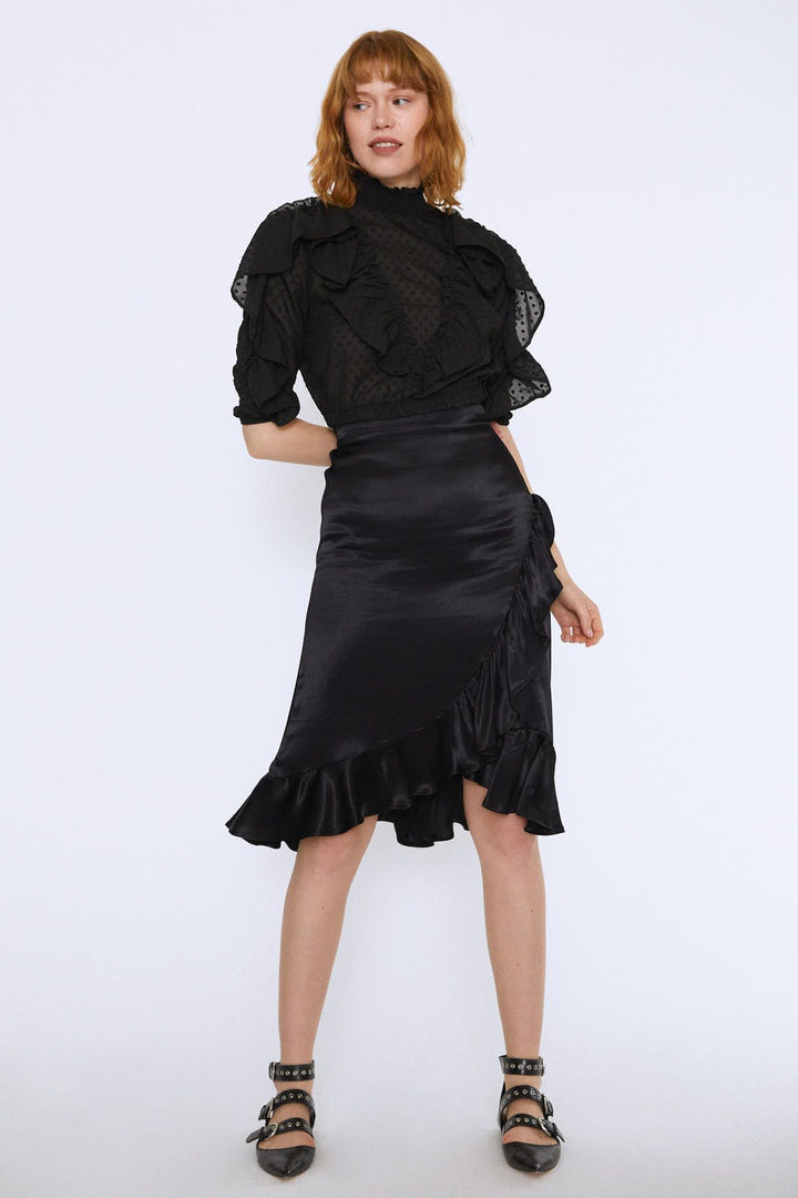 Fırfırlı Beli Lastikli Crop Bluz Siyah