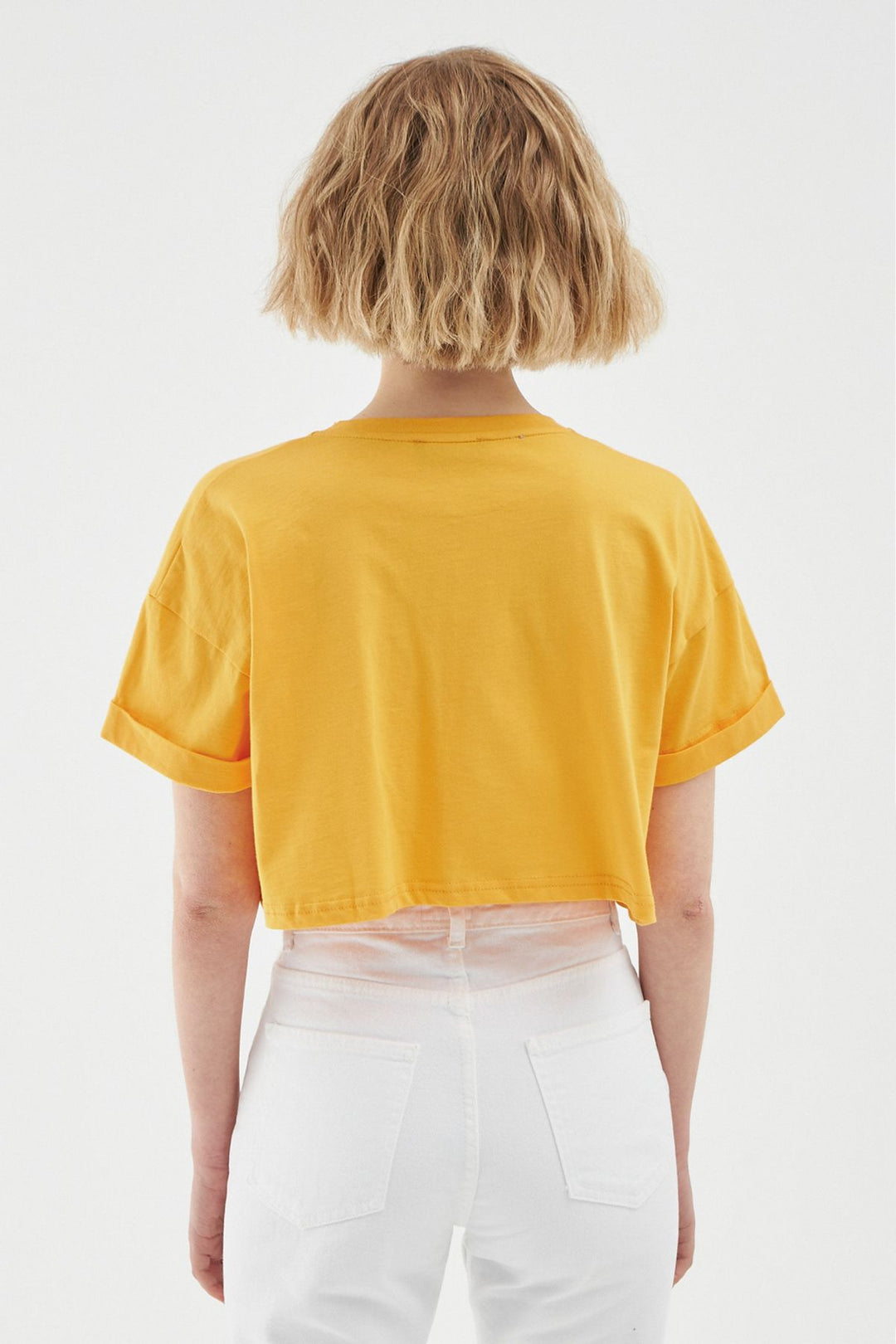 Aksesuar Baskılı Crop Tişört Turuncu