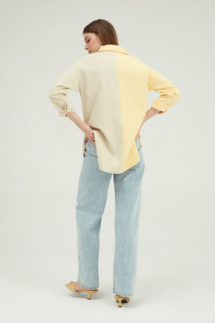 İki Renkli Cepli Gabardin Gömlek Sarı