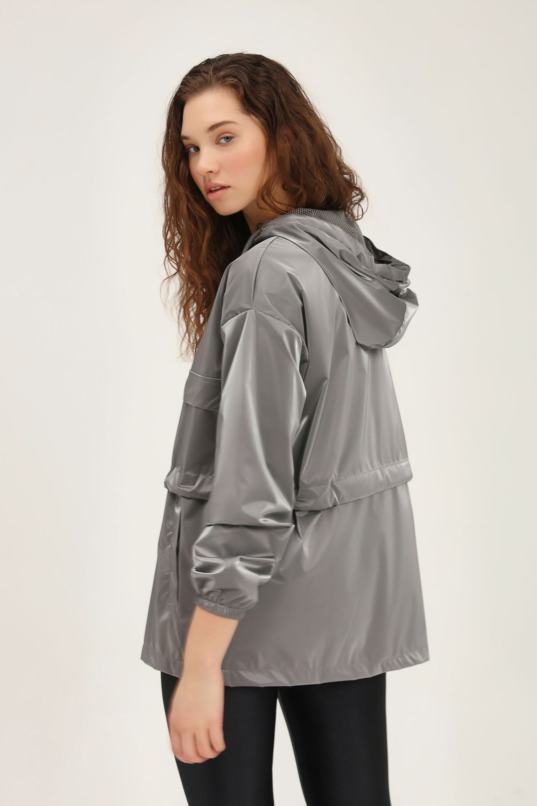 Hooded Elastic Waist Raincoat Gray