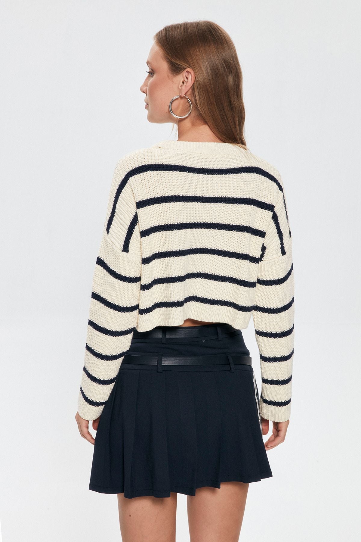 Stripe Detailed Crop Knitwear Sweater Cream-Navy