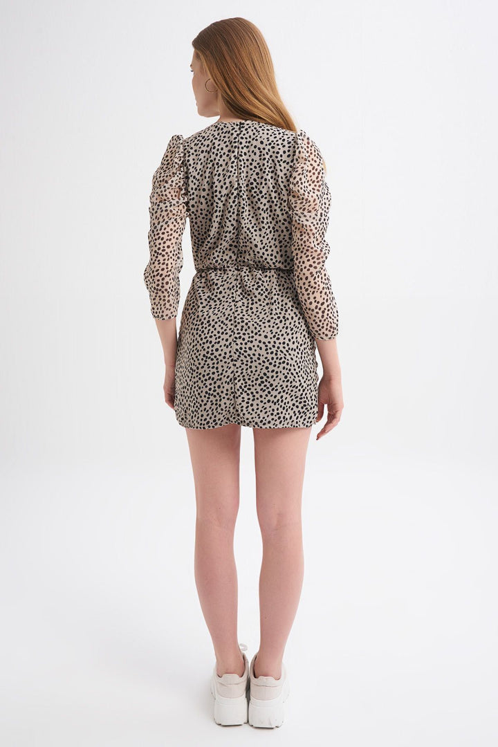 Patterned Ruffle Detailed Double Breasted Dress Beige