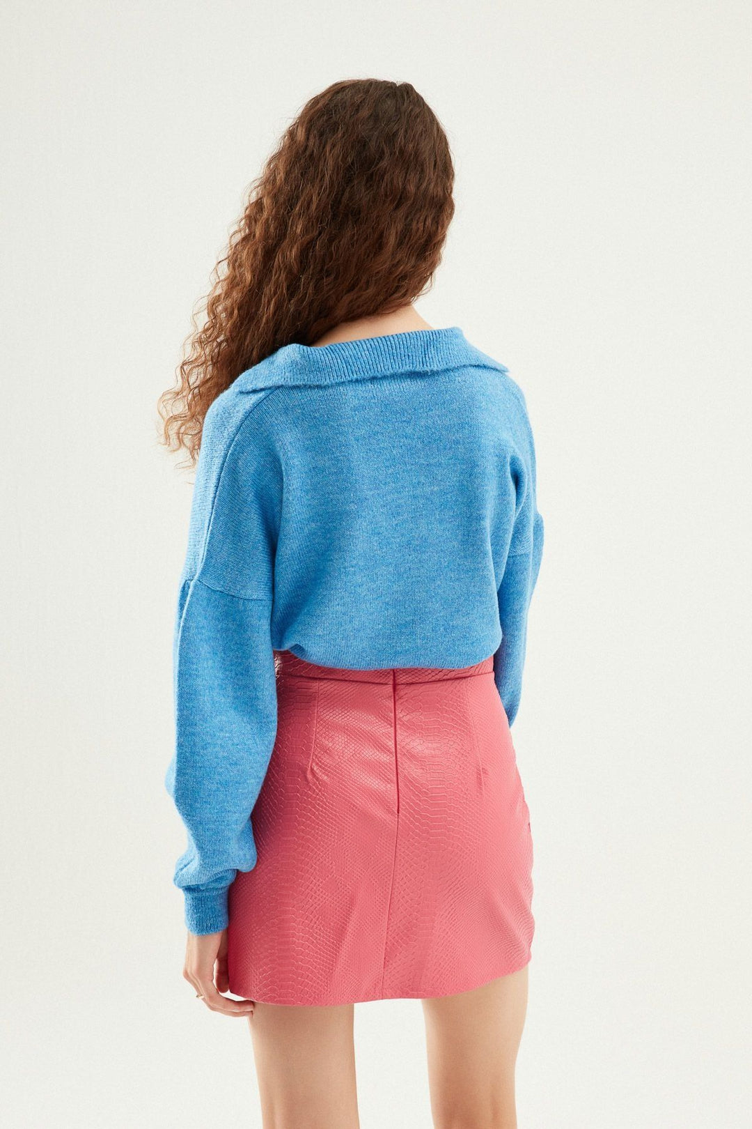 Polo Neck Waist Pleated Knitwear Blue