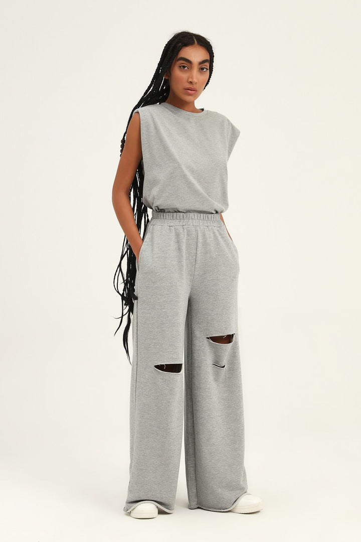 Ripped Detailed Tracksuit with Elastic Waist Graymelange