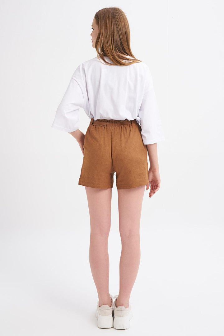 Kuşaklı Yüksek Bel Keten Şort Kahverengi