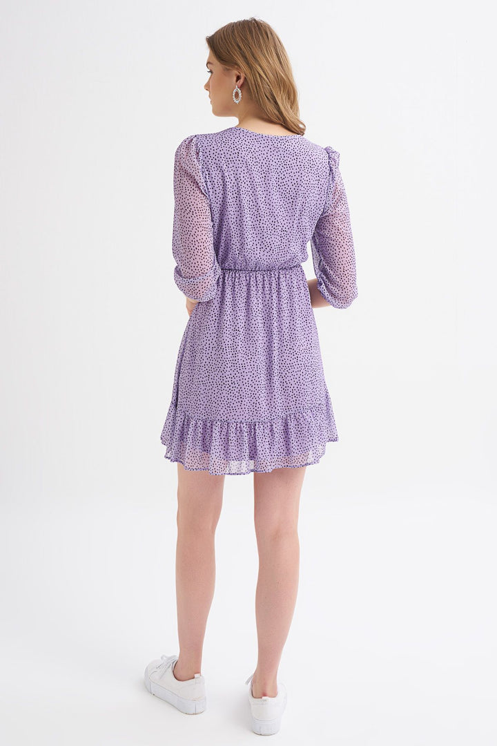 Desenli V Yaka Düğme Detaylı Elbise Lila