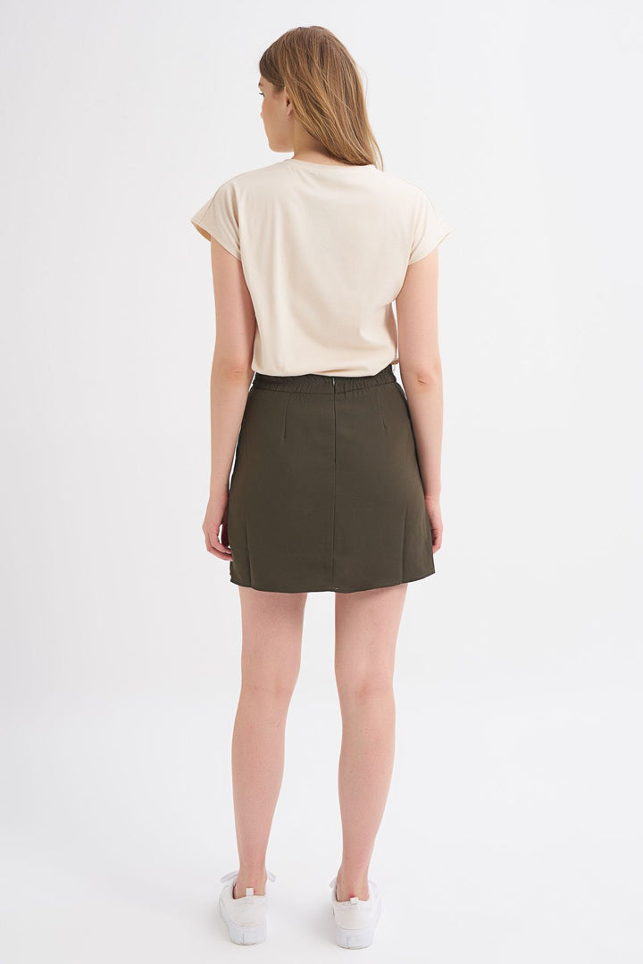 Kemerli Cep Detaylı Mini Etek Haki