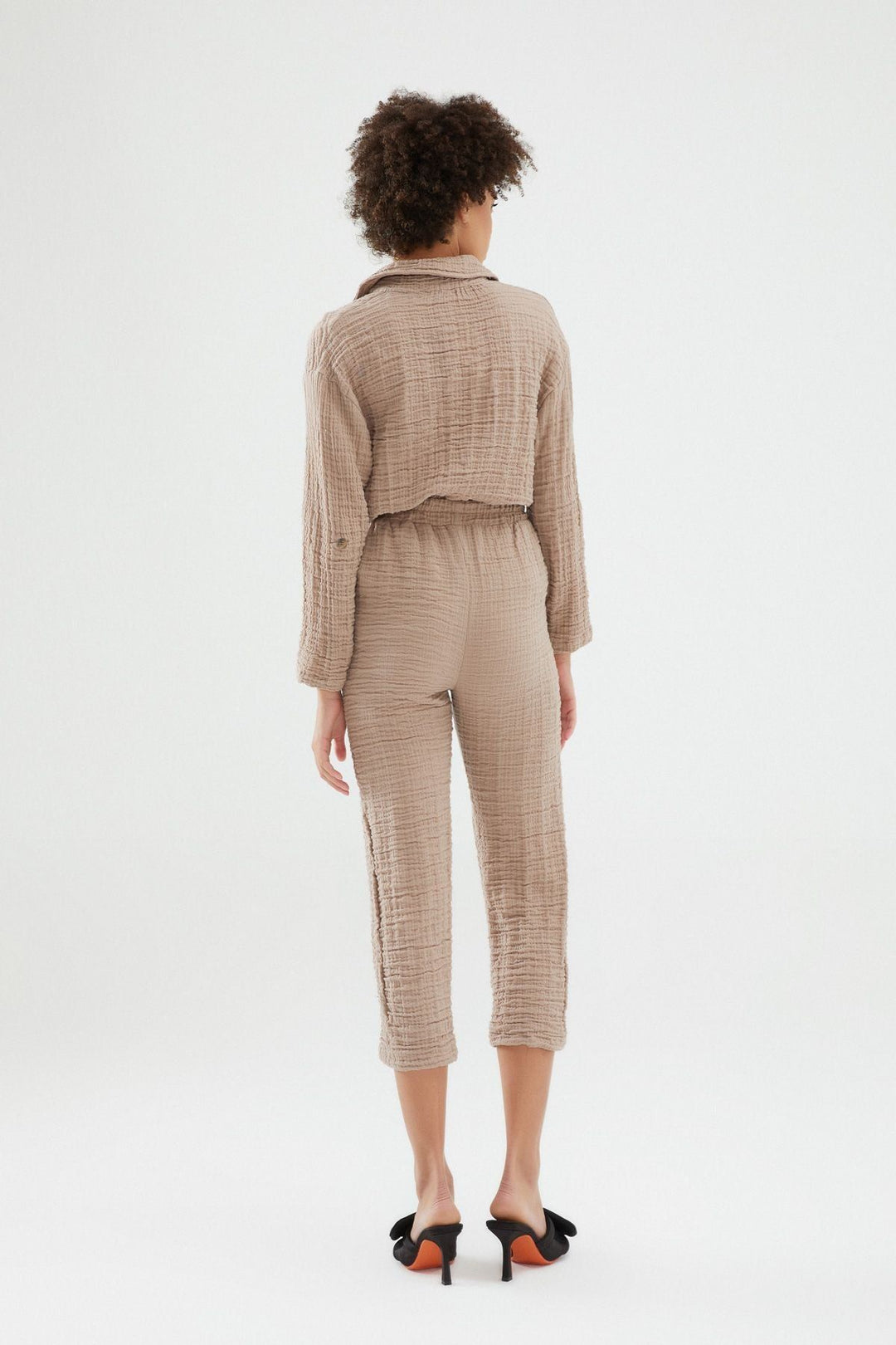 Elastic Waist Textured Trousers Camel