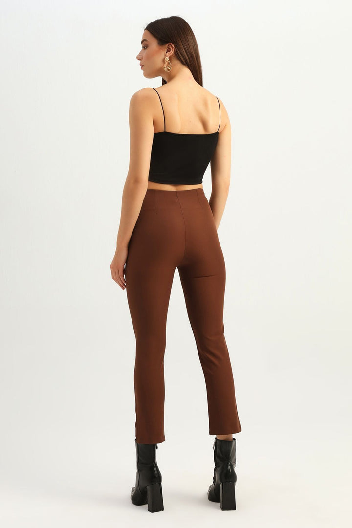 Beli Lastikli Dar Paça Pantolon Koyu Kahve