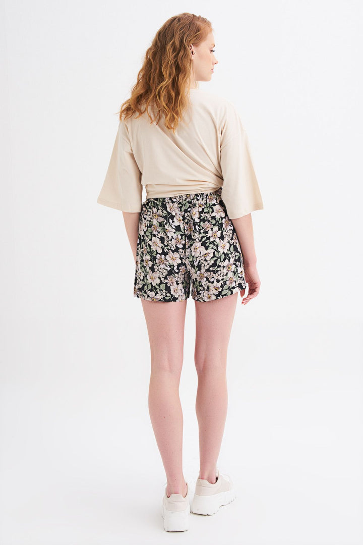 Patterned Tie Waist Shorts Black