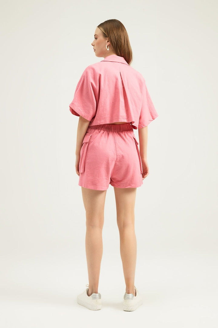 Beli Bağlamalı Kısa Kollu Tulum Şeker Pembe