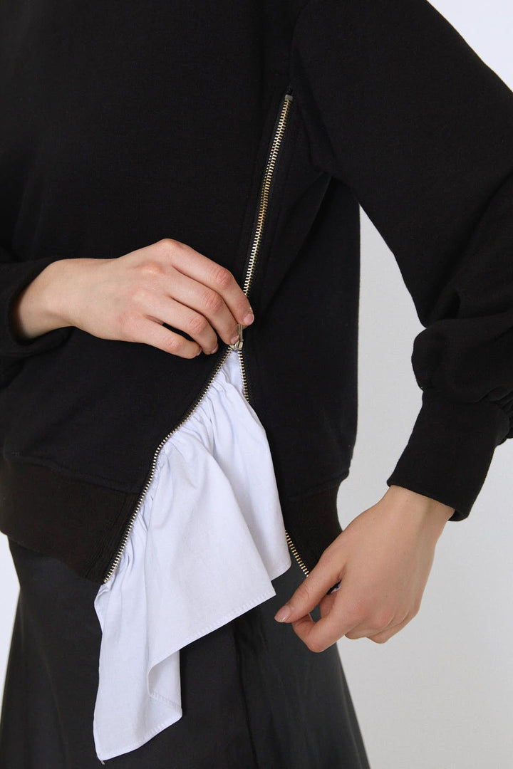 Bisiklet Yaka Yandan Fermuarlı Sweatshirt Siyah