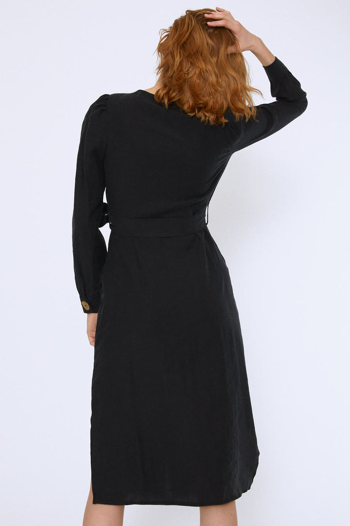 Button Front Belted Dress Black
