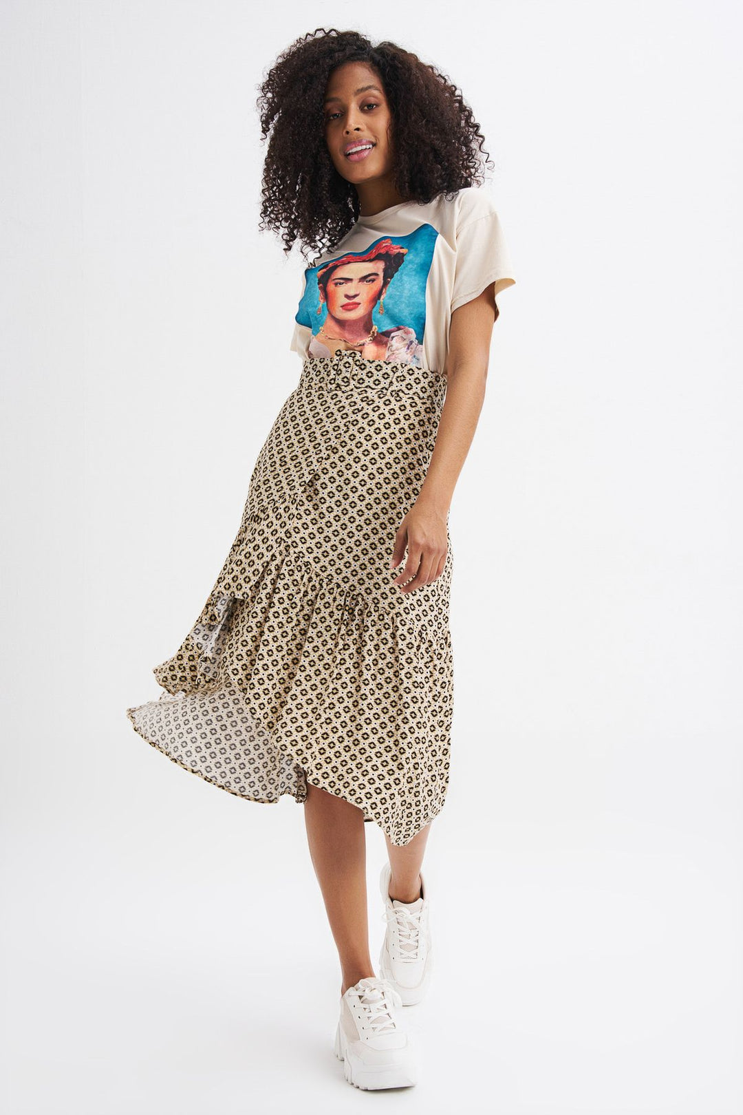 Patterned Belt Detailed Wrapped Skirt Beige