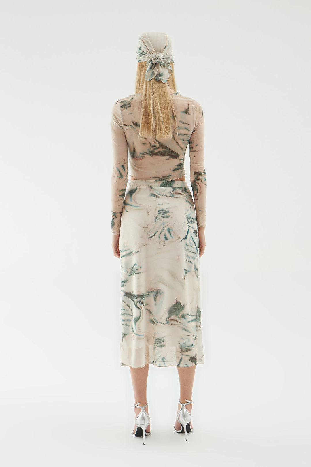 Tie-Dye Patterned Tulle Midi Skirt Stone