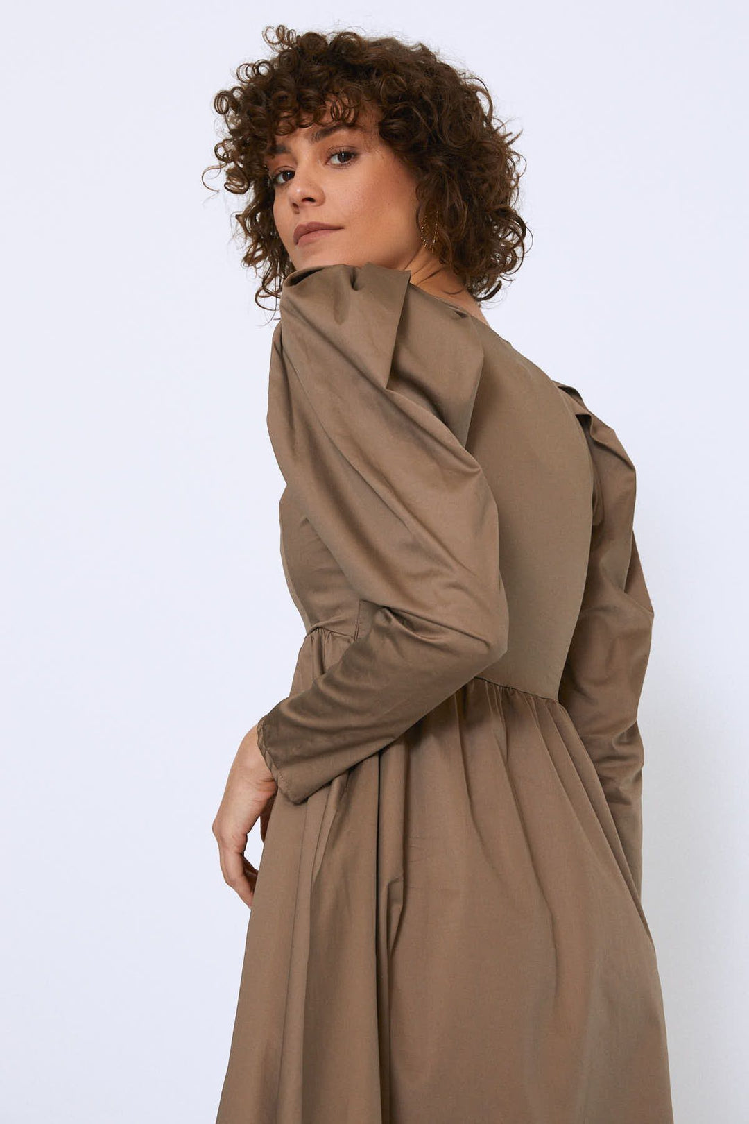 Balloon Sleeve V Neck Midi Dress Earth