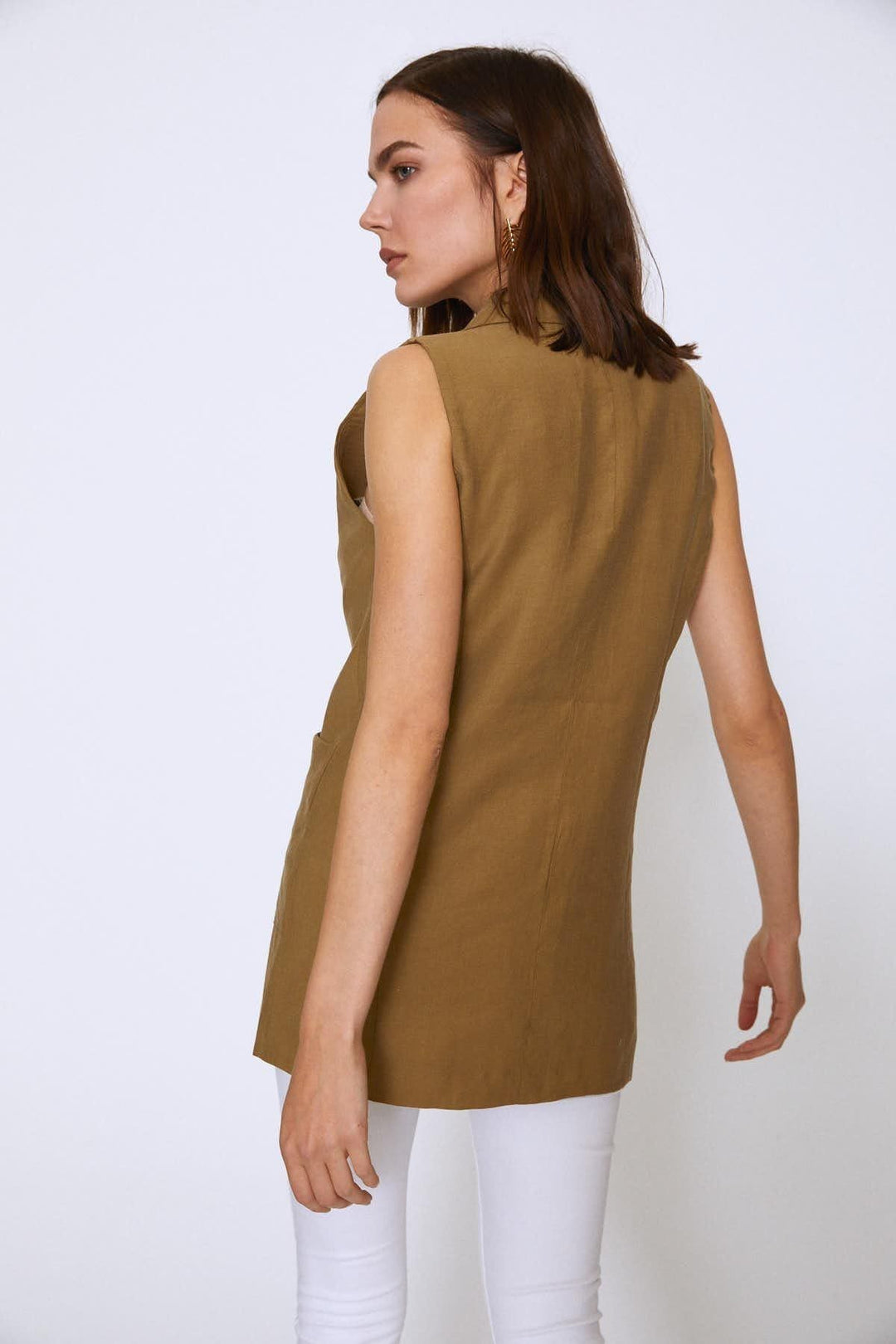 Double Breasted Pocket Sleeveless Jacket Khaki
