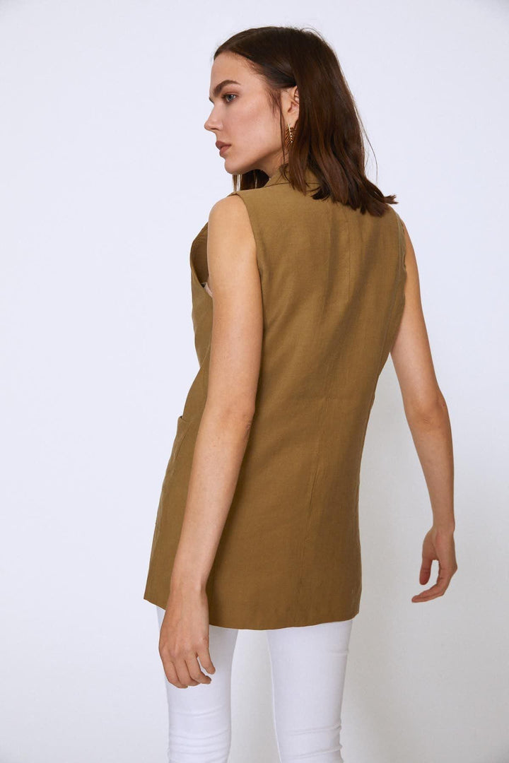 Double Breasted Pocket Sleeveless Jacket Khaki