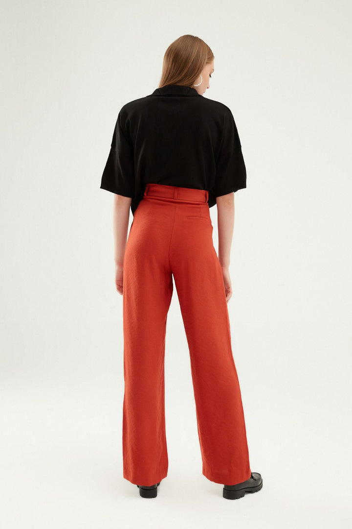 Yüksel Bel Bol Paça Pantolon Kiremit