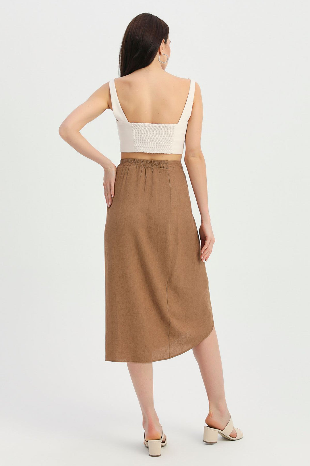 Tie Detailed Wrapped Linen Skirt Brown