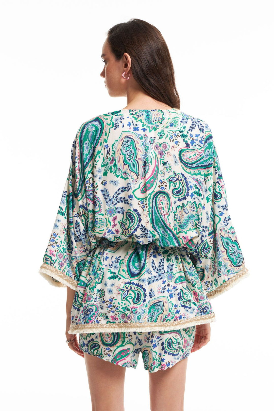Tassel Detailed Patterned Kimono Green