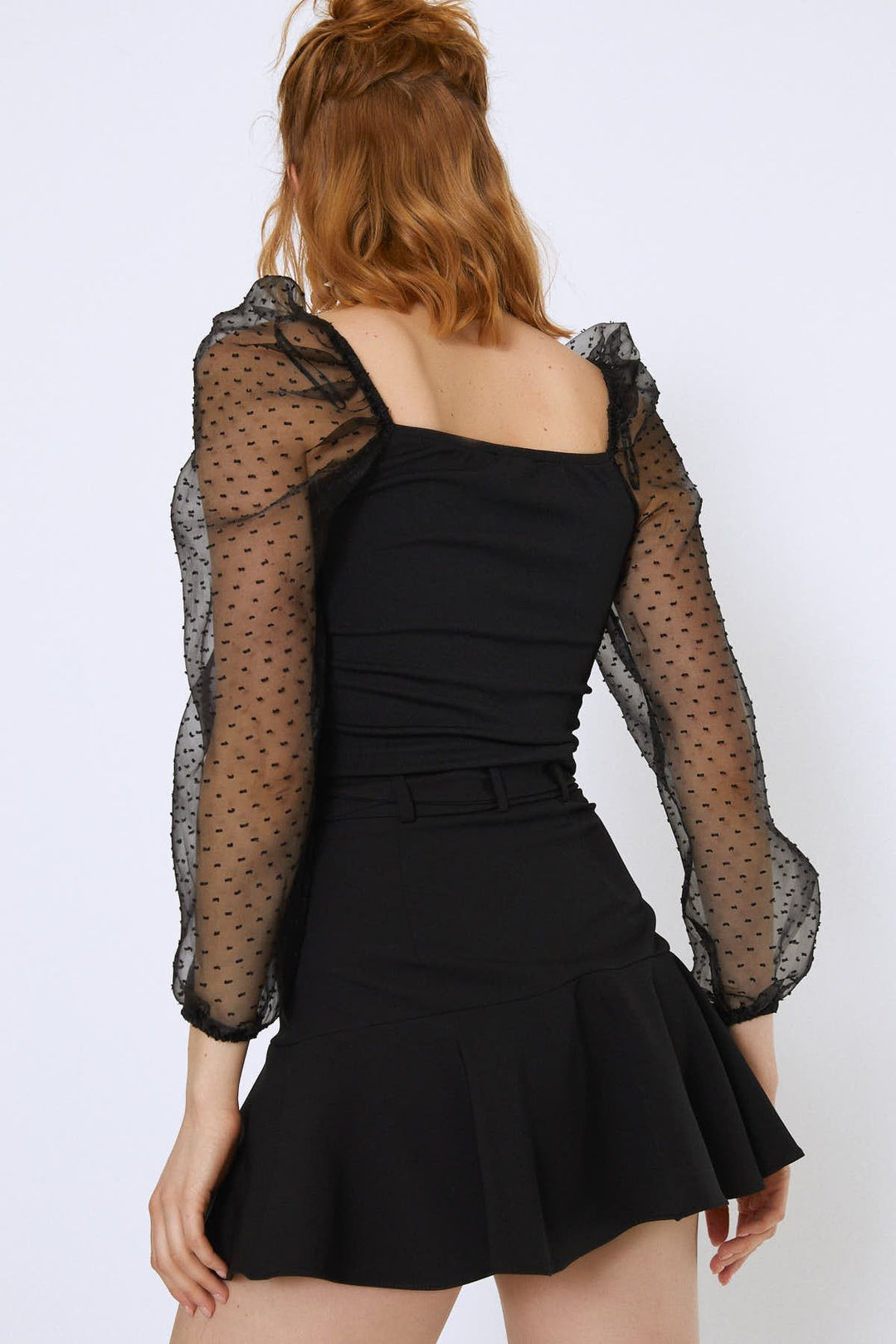 Tulle Sleeves Crop Blouse Black