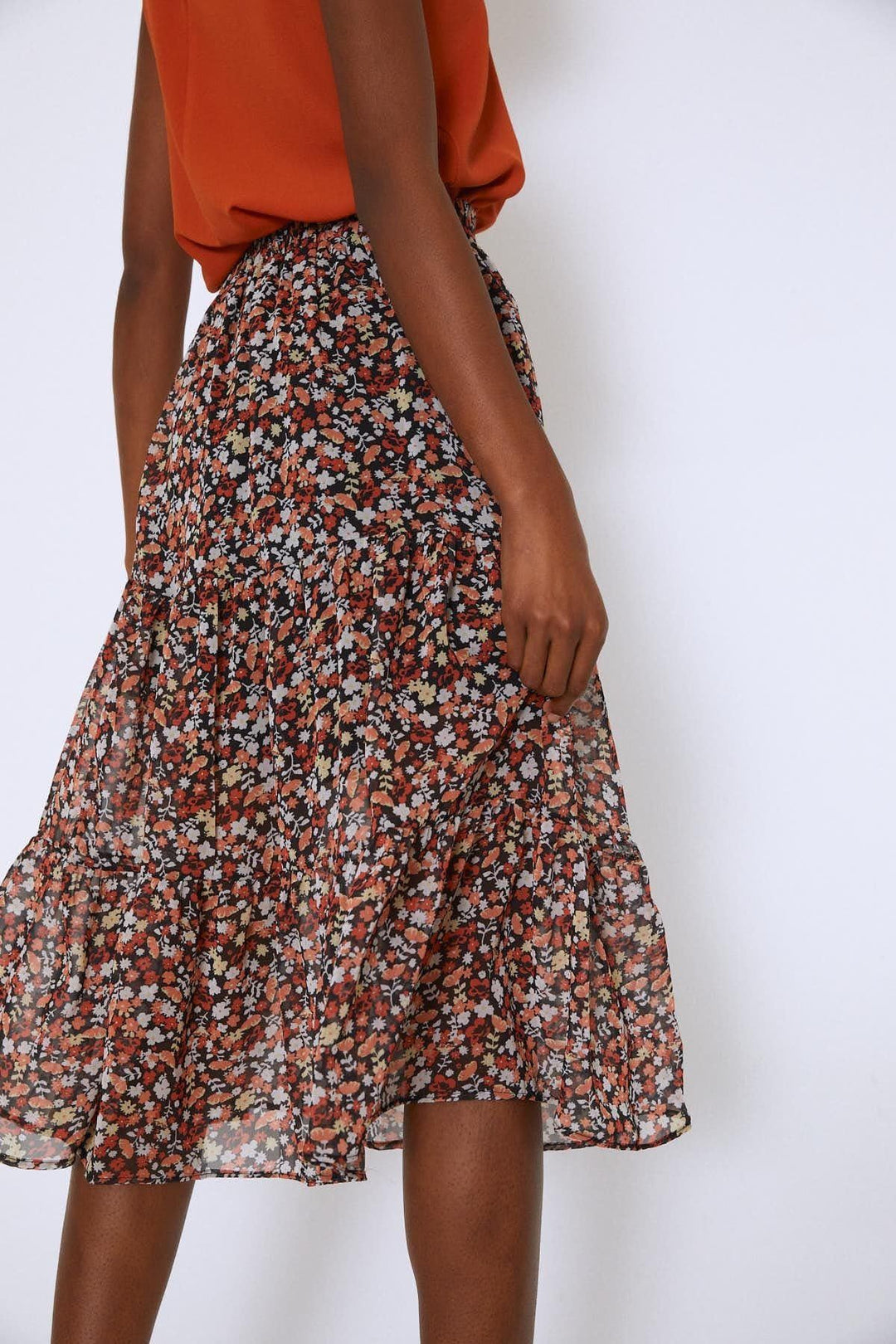 Midi Crispy Floral Skirt Orange