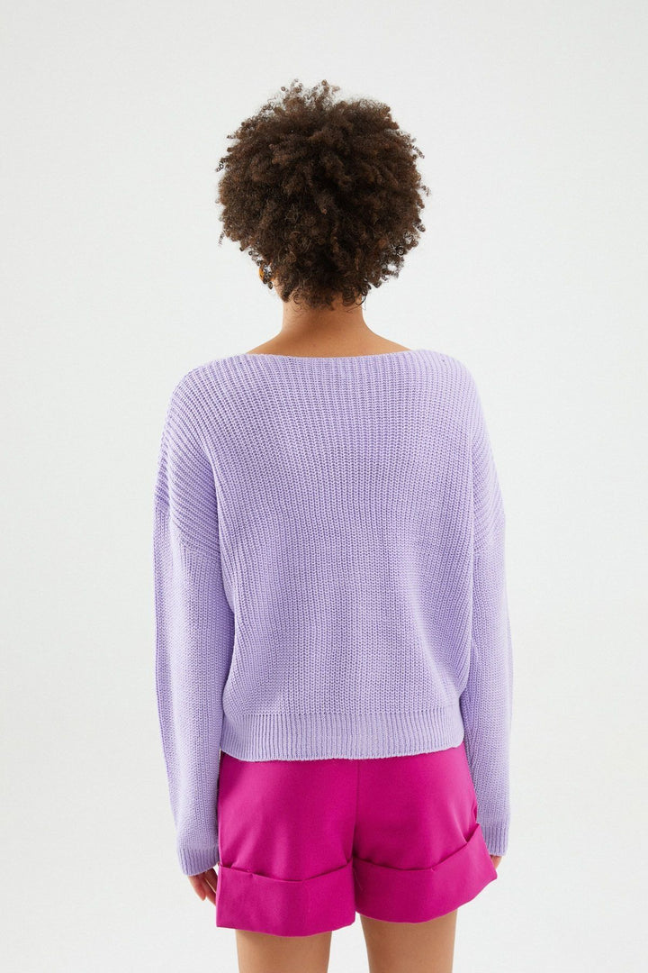 Düğmeli V Hırka Lila