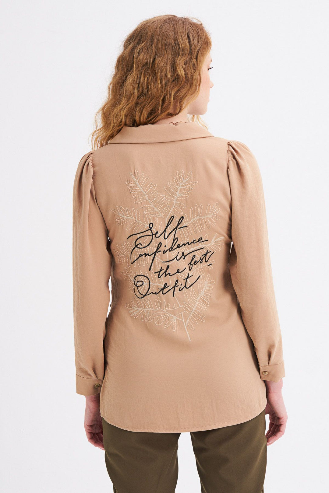 Camel Shirt with Belt Detail and Embroidery on the Back