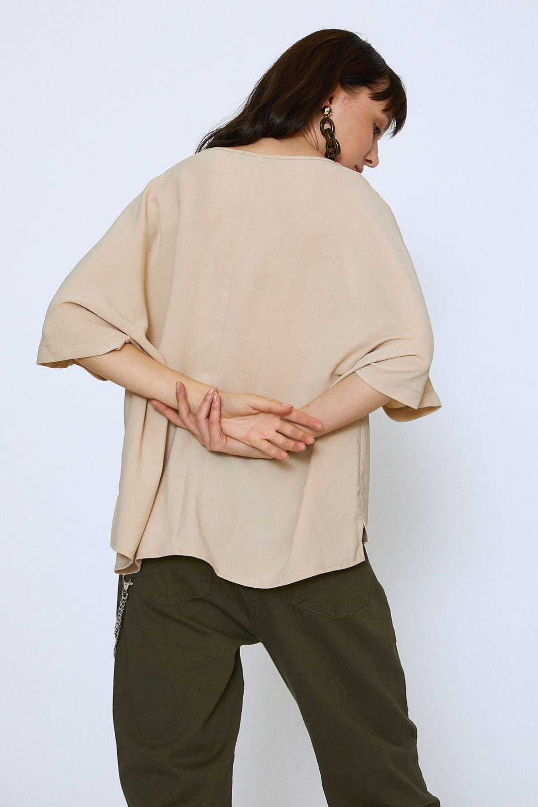 Düğmeli Oversize Bluz Taş