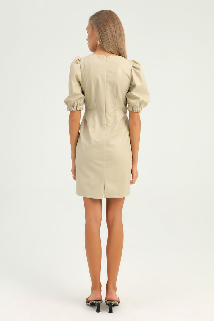 Balloon Sleeve Leather Dress Stone