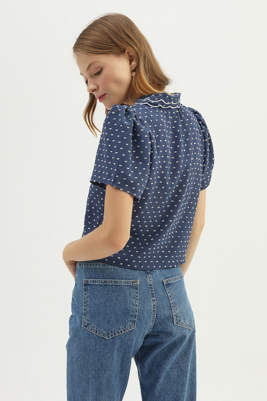 Embroidered Collar V-Neck Shirt Indigo