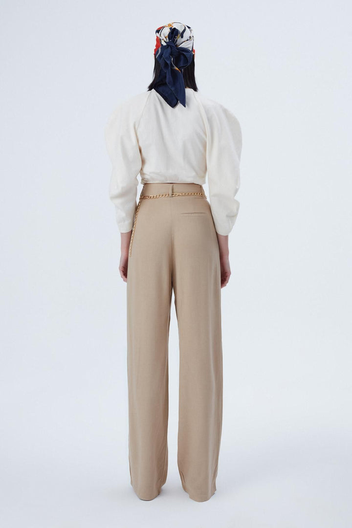 Zincir Kemerli Bol Paça Pantolon Bej