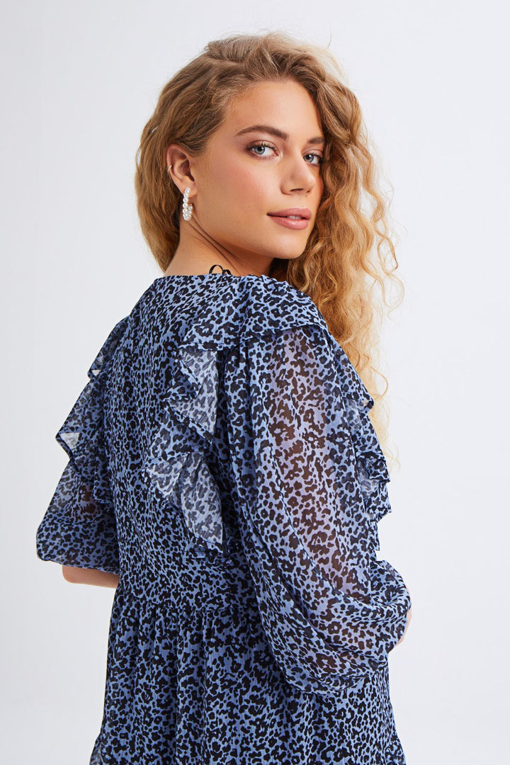 Patterned Frilly V-Neck Dress Baby Blue