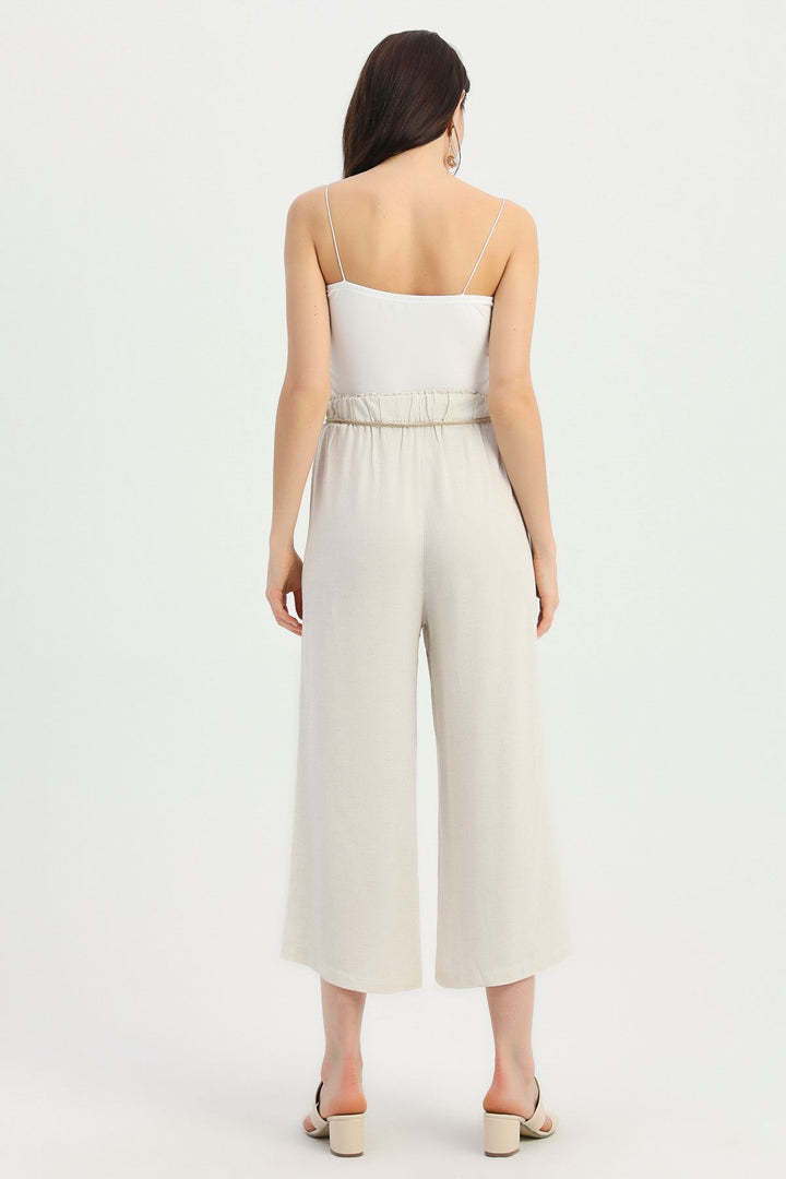 Hasır İp Kemerli Keten Pantolon Ekru
