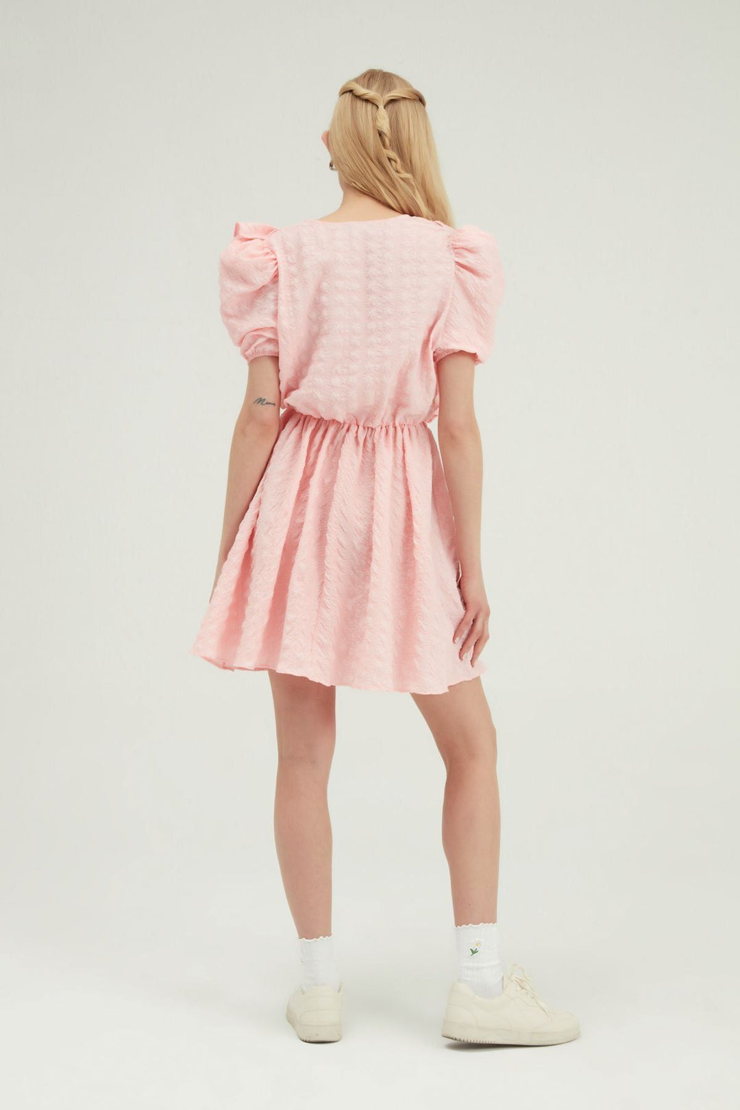 Kruvaze Balon Kol Mini Elbise Pembe