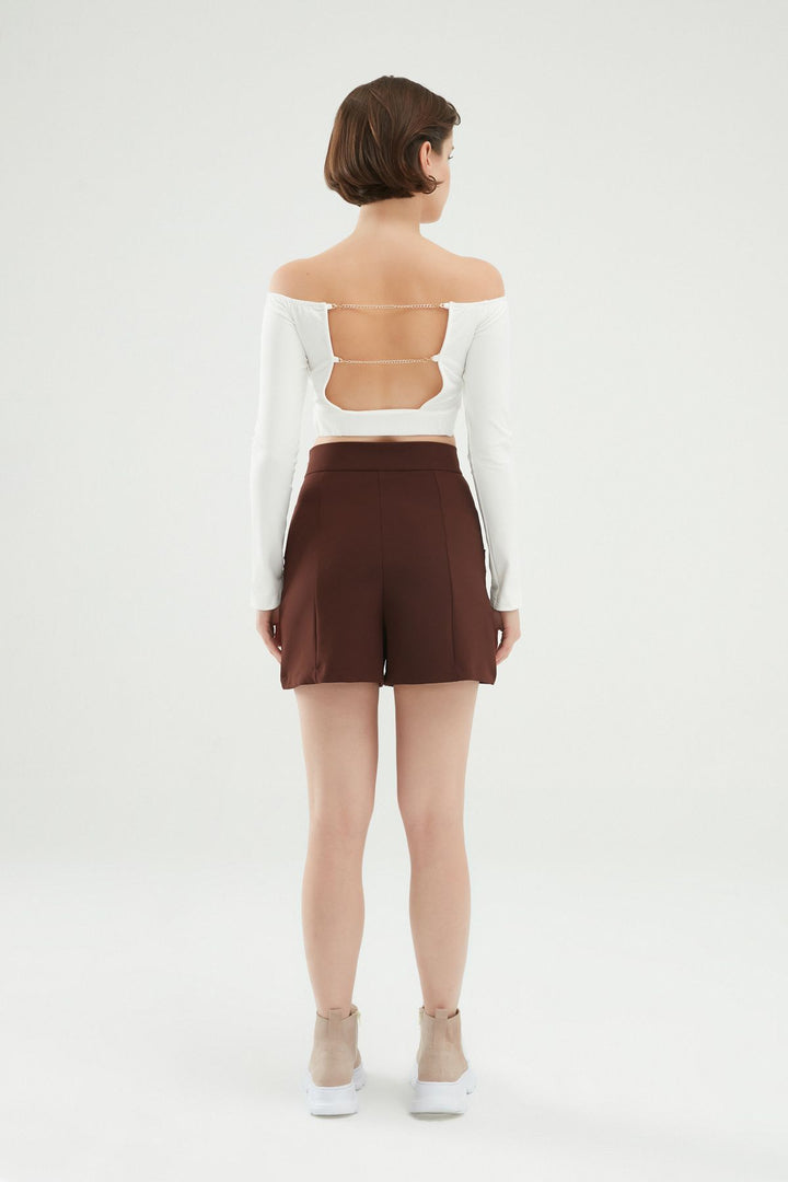 Button Detailed High Waist Shorts Dark Brown