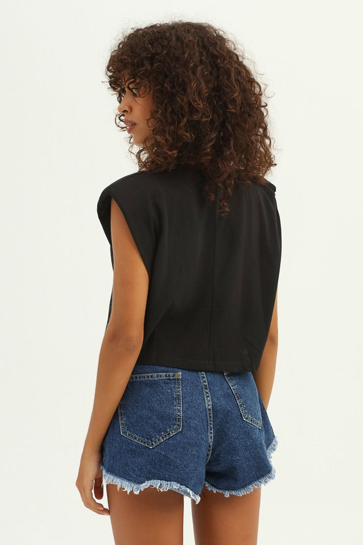 Vatkalı Basic Crop Tişört Siyah