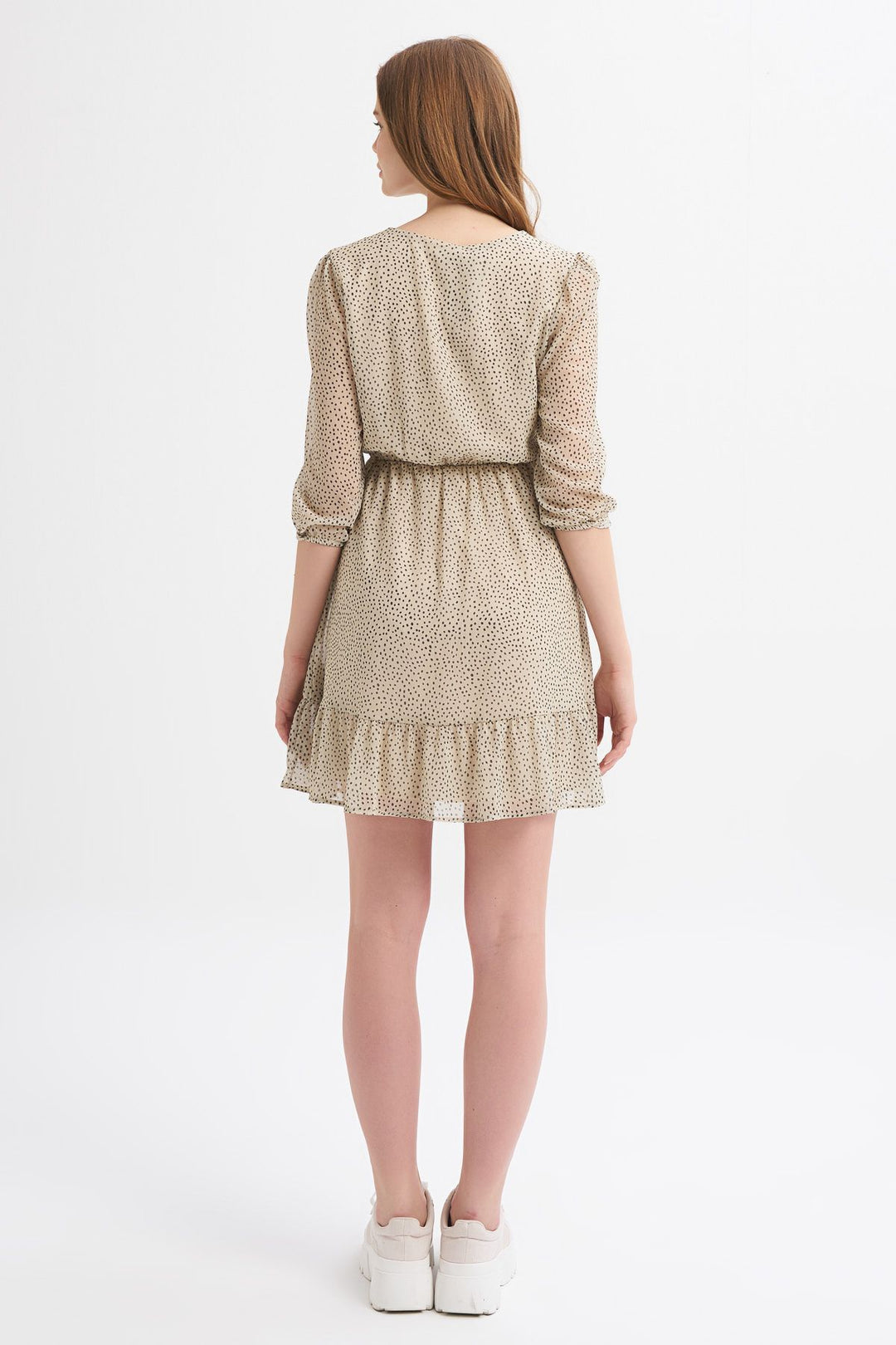 Patterned V-Neck Button Detailed Dress Beige