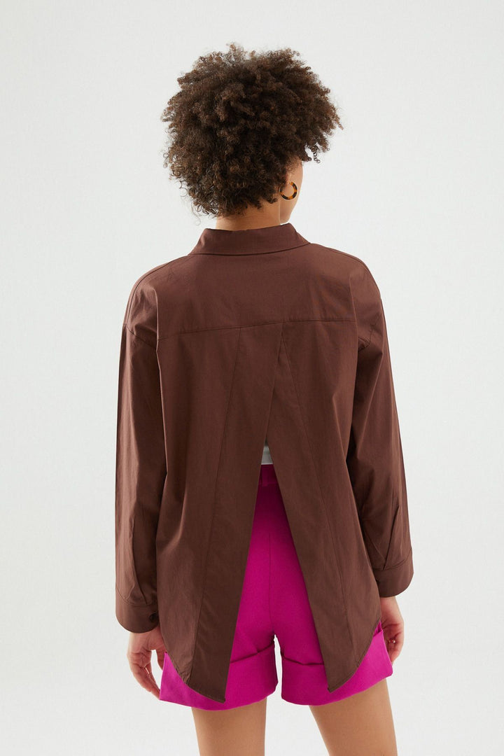 Sırt Dekolteli Oversize Gömlek Koyu Kahve