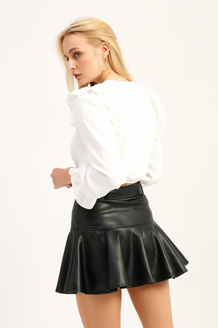 Double Breasted Ruffle Crop Blouse Ecru