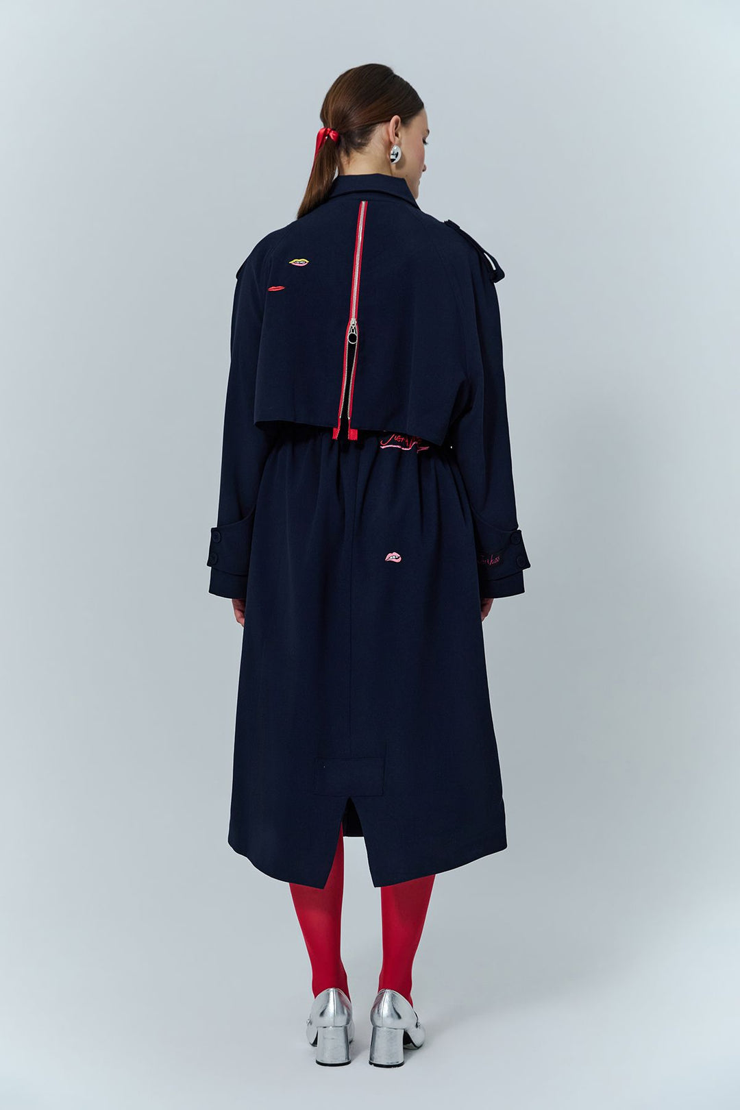 Nakış Detaylı Fermuarlı Uzun Treçkot Lacivert