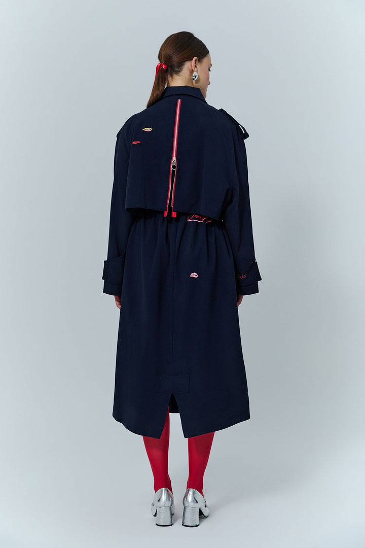 Nakış Detaylı Fermuarlı Uzun Treçkot Lacivert