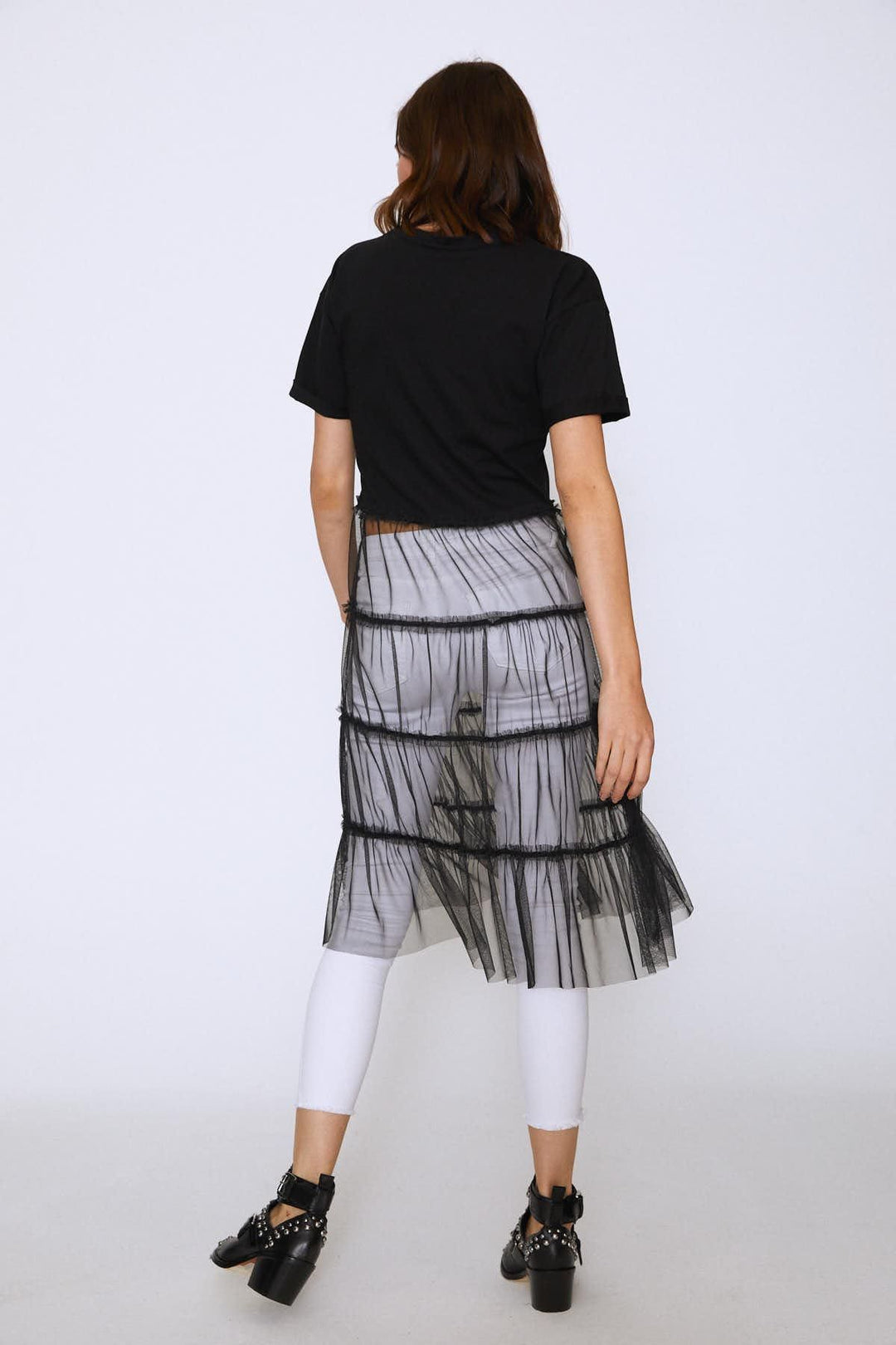 Baskılı Tül Detaylı Tişört Siyah