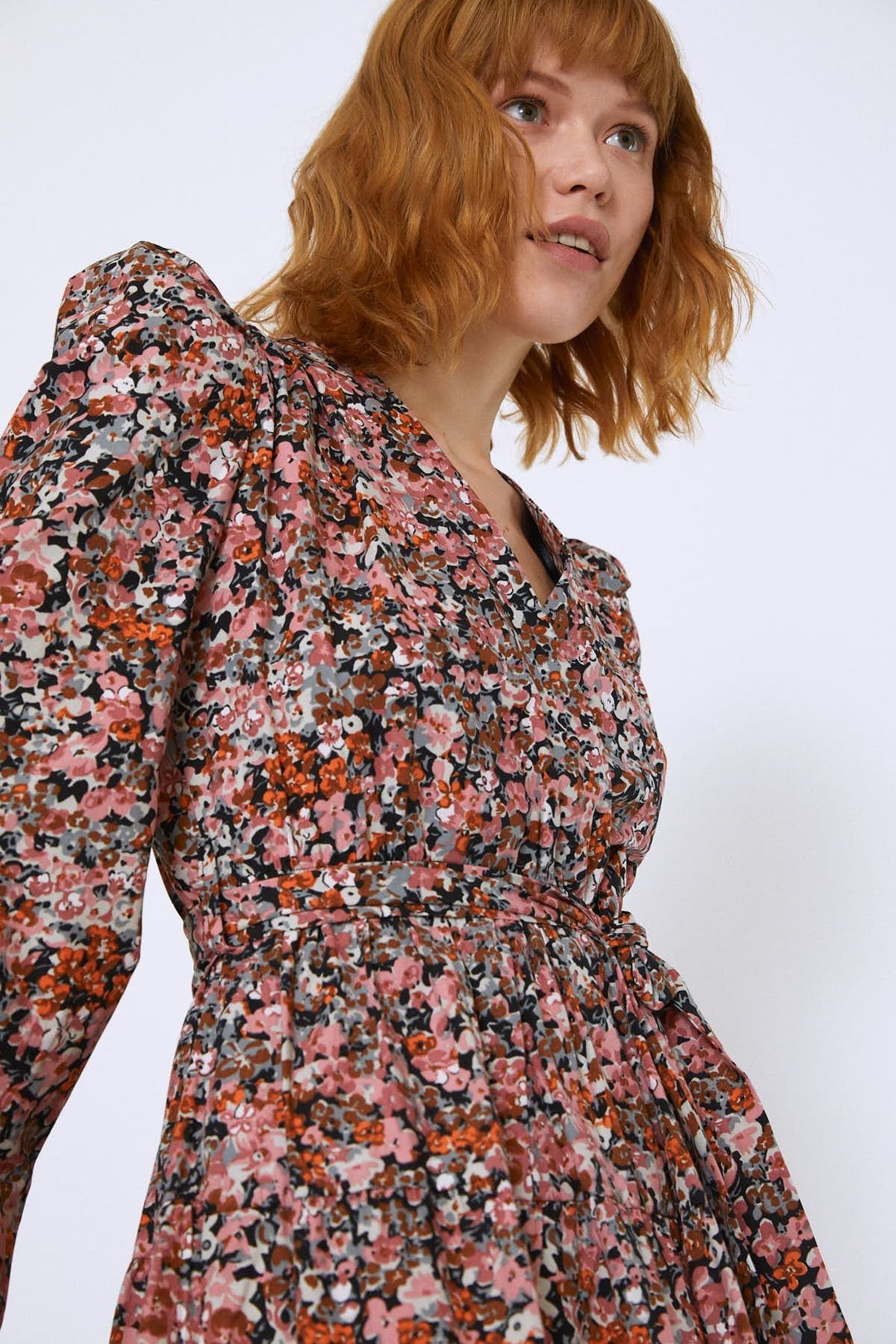 Waist Belted V-Neck Floral Dress Rose