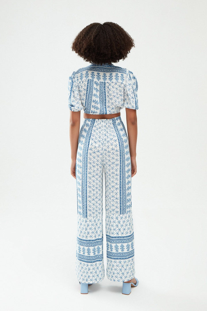 Patterned Tie Crop Blouse Blue